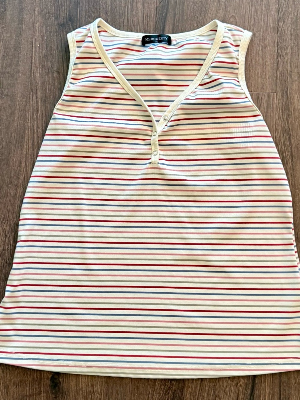 Merokeety Women's Striped V-Neck Sleeveless Henley Top - Beige - Size XL